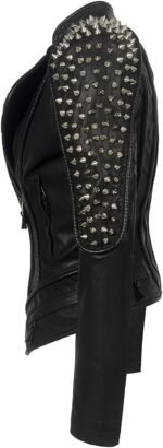 Women’s Black Faux Leather Studded Spike Moto Biker Jacket - Image 2