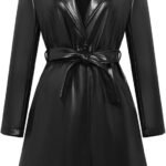 Women's Black Leather Trench Coat Leather Button Jacket Long Sleeve