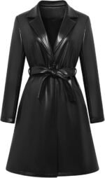 Women's Black Leather Trench Coat Leather Button Jacket Long Sleeve