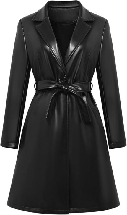 Women's Black Leather Trench Coat Leather Button Jacket Long Sleeve