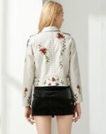 Women's White Faux Leather Biker Jacket with Floral Embroidery and Studded Accents - Image 5