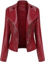 Women's Casual Light Studded Shoulder Moto Biker Faux Leather Jacket
