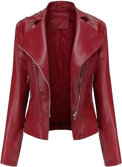 Women's Casual Light Studded Shoulder Moto Biker Faux Leather Jacket