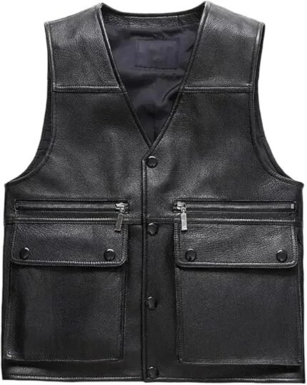 Genuine Leather Motorcycle Vest Men's Real Waistcoat Bikers Sleeveless Jacket