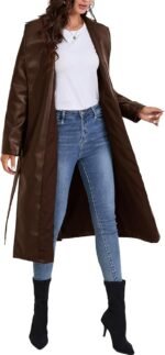 Women’s Brown Faux Leather Long Trench Coat Stylish Open Front Overcoat - Image 4