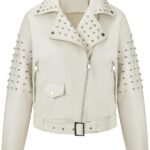 Women’s White Faux Leather Studded Biker Jacket with Belted Waist