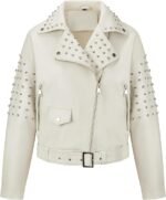 Women’s White Faux Leather Studded Biker Jacket with Belted Waist