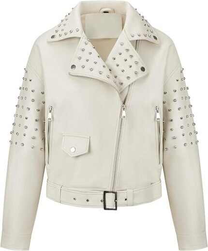 Women’s White Faux Leather Studded Biker Jacket with Belted Waist