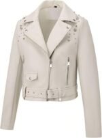 Women's White Faux Leather Biker Jacket with Studded Shoulders - Image 2