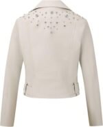 Women's White Faux Leather Biker Jacket with Studded Shoulders