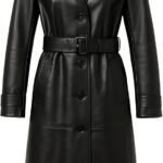Women's Black Genuine Leather Trench Coat Long Double