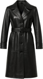 Women's Black Genuine Leather Trench Coat Long Double