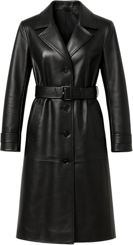 Women's Black Genuine Leather Trench Coat Long Double