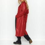 Women's Casual PU Leather Long coat Open Front Trench Coat with Belt - Image 2