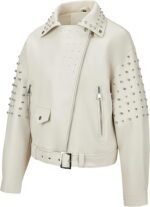 Women’s White Faux Leather Studded Biker Jacket with Belted Waist - Image 2