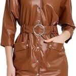 Faux Leather Trench Coat for Women's 3/4 Sleeve Button Down V Neck
