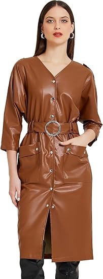 Faux Leather Trench Coat for Women's 3/4 Sleeve Button Down V Neck