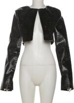 Women Fashion Cropped Faux Leather Jacket Motorcycle Short Coats - Image 2