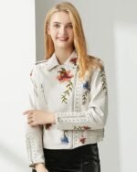 Women's White Faux Leather Biker Jacket with Floral Embroidery and Studded Accents - Image 2