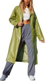 Women's Casual PU Leather Long coat Open Front Trench Coat with Belt