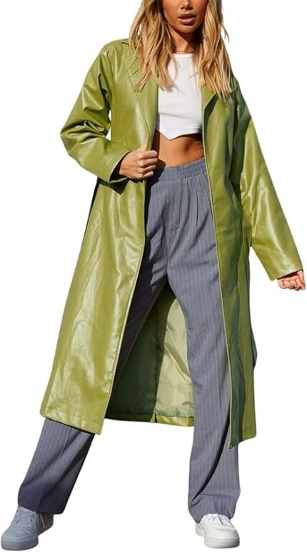 Women's Casual PU Leather Long coat Open Front Trench Coat with Belt
