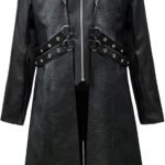 Men's Faux Leather Motorcycle Trench Coat Black Long Punk Jacket