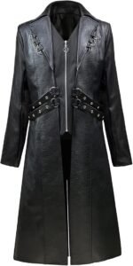 Men's Faux Leather Motorcycle Trench Coat Black Long Punk Jacket