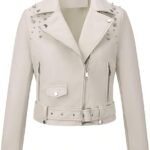 Women's White Faux Leather Biker Jacket with Studded Shoulders
