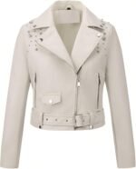 Women's White Faux Leather Biker Jacket with Studded Shoulders