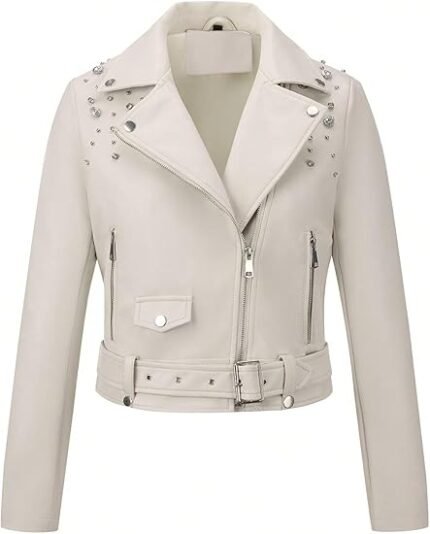 Women's White Faux Leather Biker Jacket with Studded Shoulders