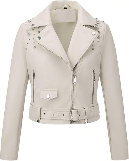 Women's White Faux Leather Biker Jacket with Studded Shoulders Women's White Faux Leather Biker Jacket with Studded Shoulders