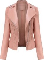 Women's Casual Light Studded Shoulder Moto Biker Faux Leather Jacket