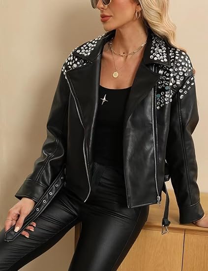 Women’s Black Faux Leather Studded Moto Biker Jacket