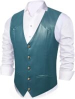 Mens Leather Vests Casual Western Cowboy Vest V-neck - Image 2
