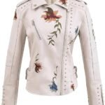 Women's White Faux Leather Biker Jacket with Floral Embroidery and Studded Accents