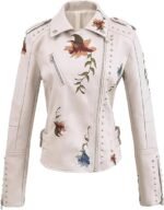 Women's White Faux Leather Biker Jacket with Floral Embroidery and Studded Accents