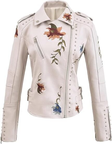 Women's White Faux Leather Biker Jacket with Floral Embroidery and Studded Accents