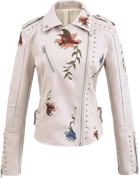 Women's White Faux Leather Biker Jacket with Floral Embroidery and Studded Accents Women's White Faux Leather Biker Jacket with Floral Embroidery and Studded Accents
