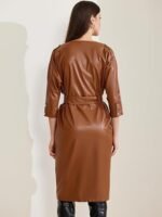 Faux Leather Trench Coat for Women's 3/4 Sleeve Button Down V Neck