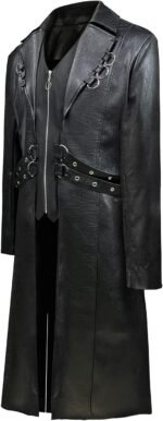 Men's Faux Leather Motorcycle Trench Coat Black Long Punk Jacket - Image 3