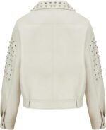 Women’s White Faux Leather Studded Biker Jacket with Belted Waist - Image 6