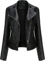 Women's Casual Light Studded Shoulder Moto Biker Faux Leather Jacket
