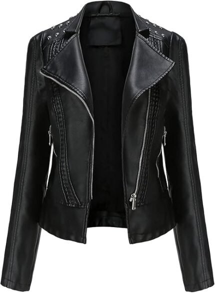 Women's Casual Light Studded Shoulder Moto Biker Faux Leather Jacket