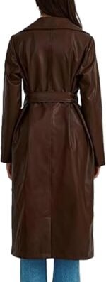 Women’s Brown Faux Leather Long Trench Coat Stylish Open Front Overcoat