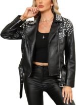 Women’s Black Faux Leather Studded Moto Biker Jacket - Image 3