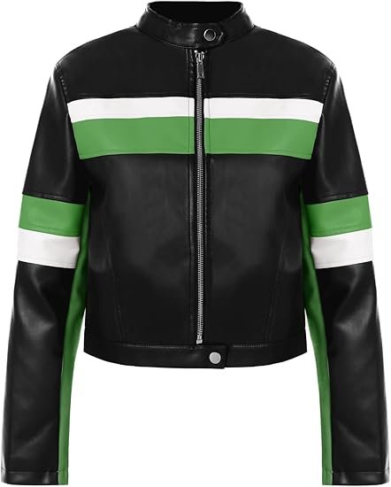 Womens Cropped Moto Biker Jackets Faux Leather Bomber Jacket Color Block
