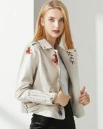 Women's White Faux Leather Biker Jacket with Floral Embroidery and Studded Accents - Image 3