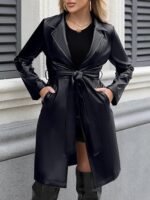 Women’s Black Faux Leather Long Trench Coat - Image 2