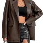 Womens Faux Leather Blazer Jacket Moto Biker Coat Long Sleeves Button