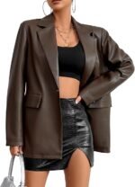 Womens Faux Leather Blazer Jacket Moto Biker Coat Long Sleeves Button